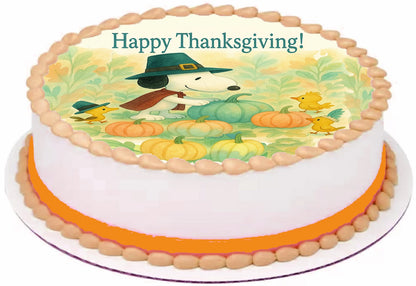 Thanksgiving themed cake topper with Snoopy and Woodland in a pumpkin patch with fall leaves precut edible image.