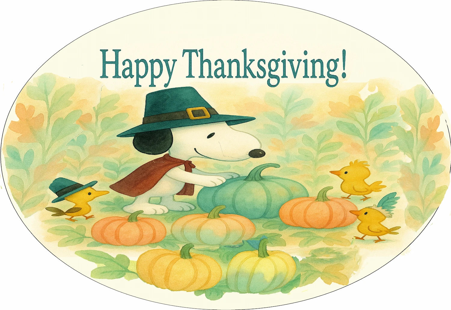 Thanksgiving themed cake topper with Snoopy and Woodland in a colorful fall pumpkin patch edible image.
