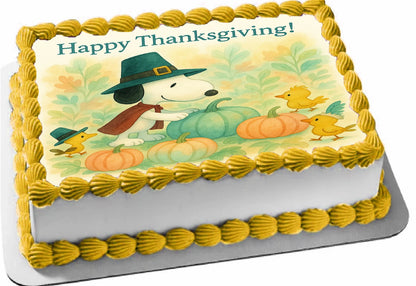 Snoopy and Woodland with pumpkins and colorful fall leaves - Themed edible image cake topper