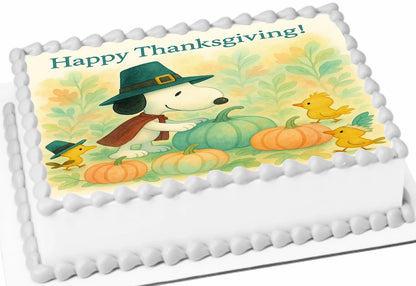 Image of Snoopy and Woodstock in a brightly colored pumpkin patch, fall leaves on a Thanksgiving edible image cake topper.