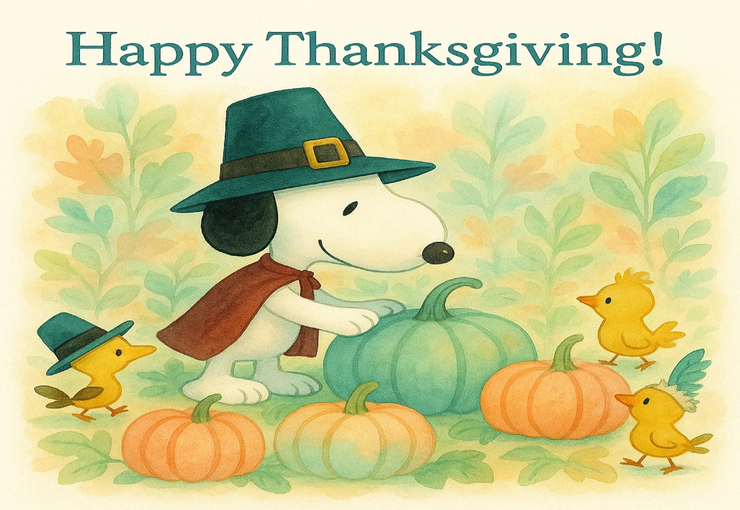 Snoopy and Woodland with pumpkins and colorful fall leaves edible image cake topper