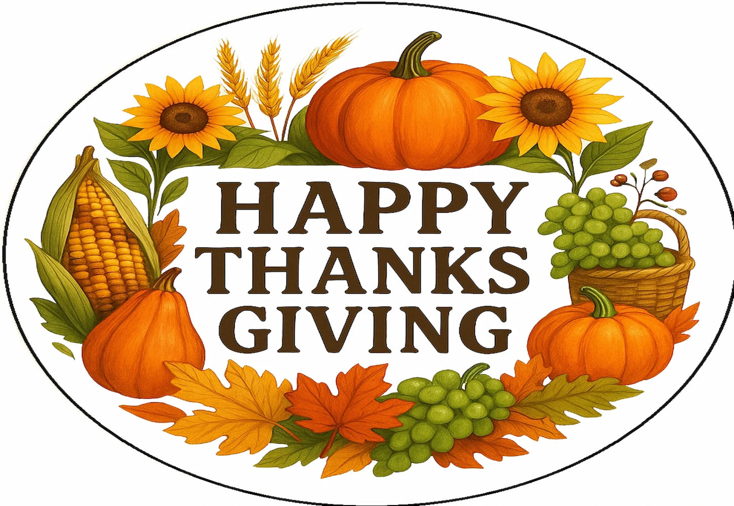 Thanksgiving-themed wreath edible image cake topper with pumpkins, sunflowers, and corn.
