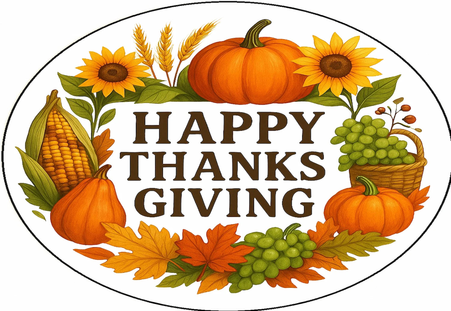 Thanksgiving-themed wreath edible image cake topper with pumpkins, sunflowers, and corn.