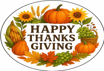 Thanksgiving-themed wreath edible image cake topper with pumpkins, sunflowers, and corn.