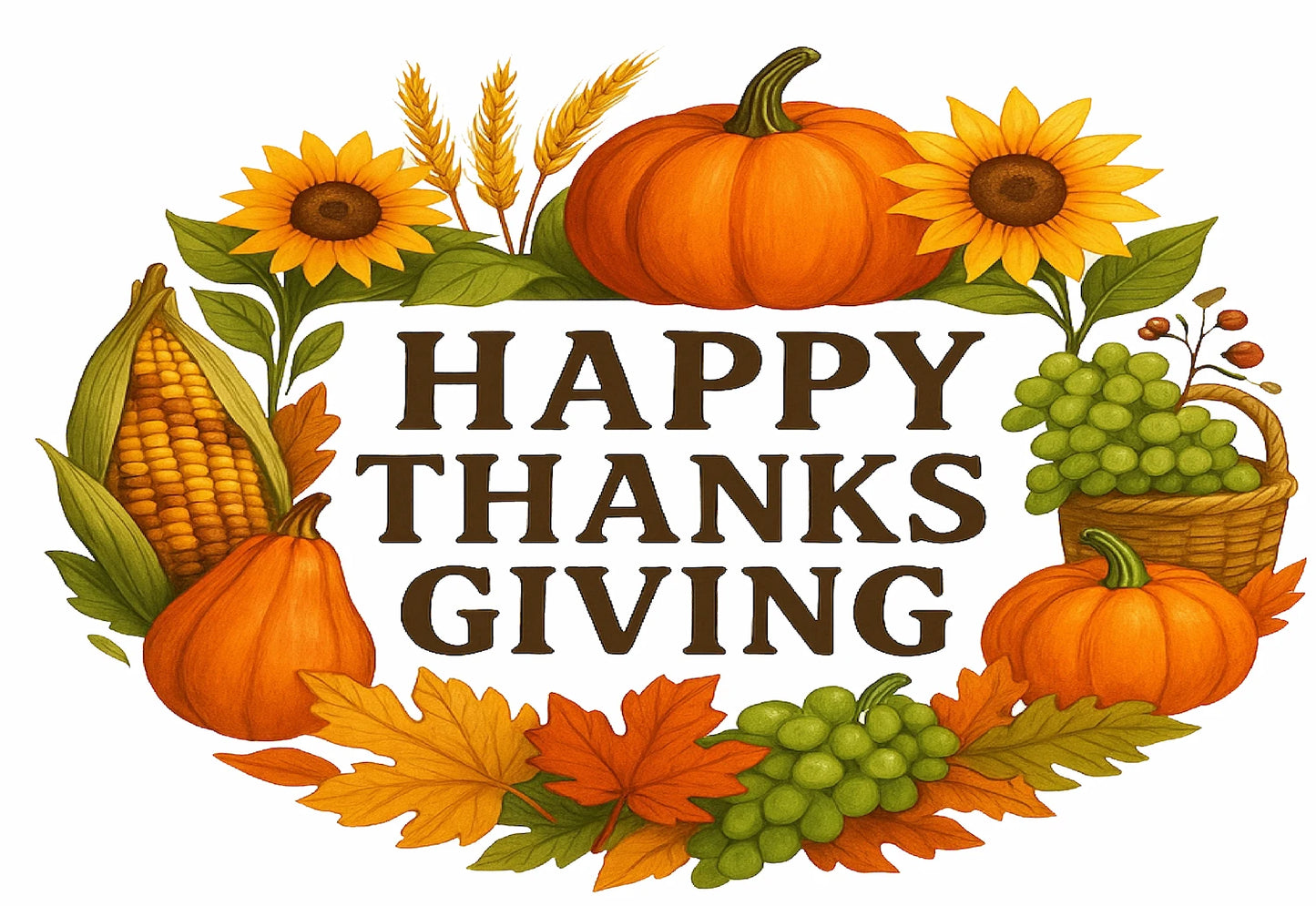 Decorative edible image with pumpkins, sunflowers, corn, and leaves with 'Happy Thanksgiving' text wreath cake topper