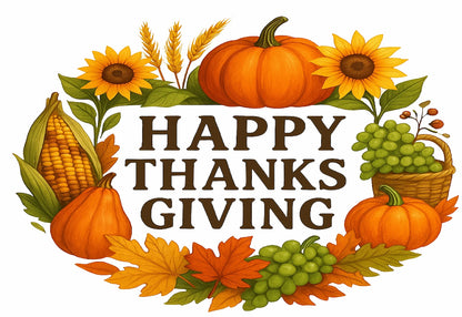 Decorative edible image with pumpkins, sunflowers, corn, and leaves with 'Happy Thanksgiving' text wreath cake topper