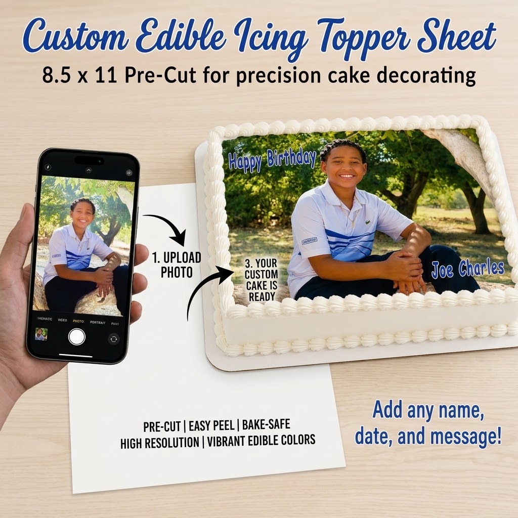 Custom photo edible icing cake topper shown from image upload on a phone to a finished birthday cake | RA Pape