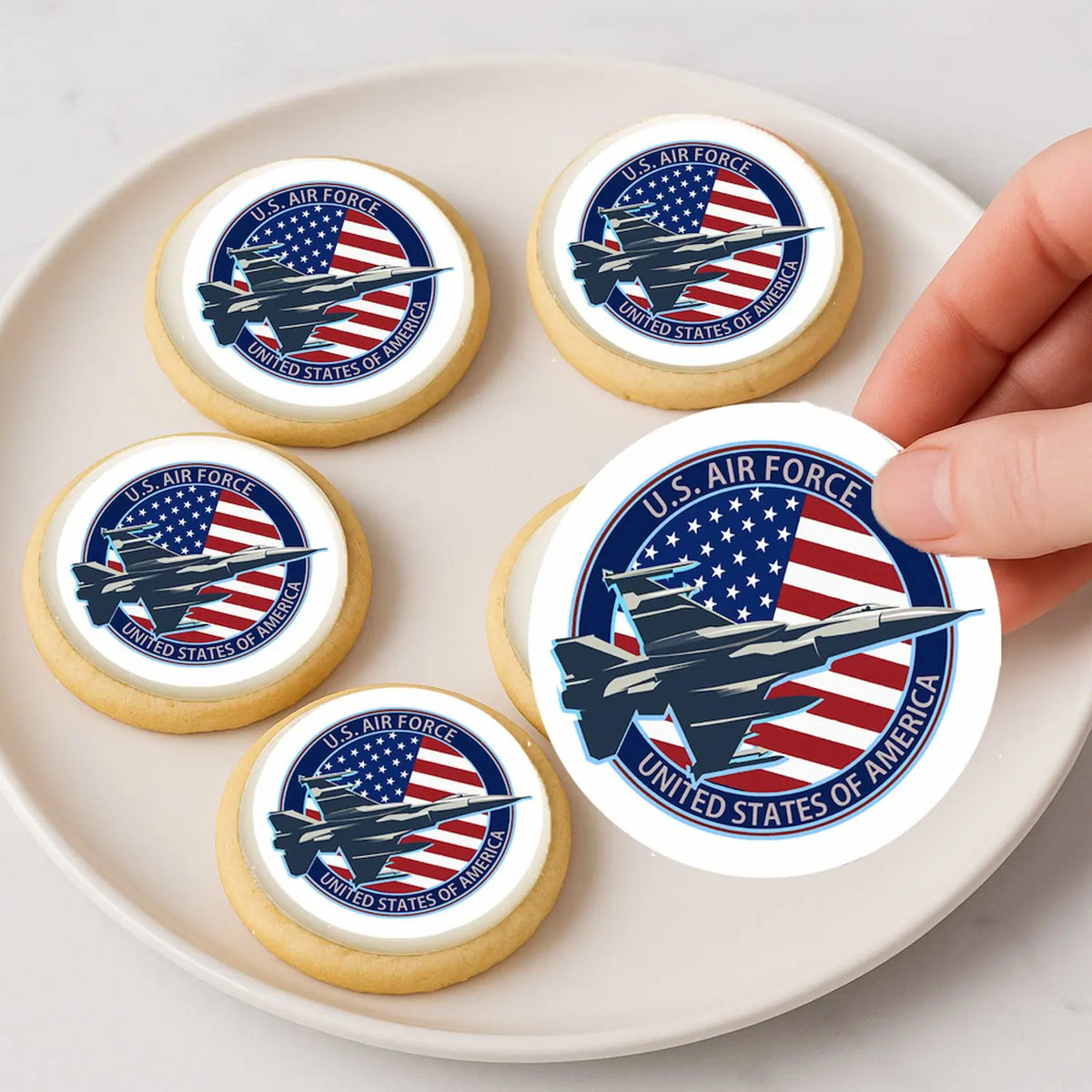Air Force Jet Flag Edible Cookie & Cupcake Toppers – 20 Precut on cookies.