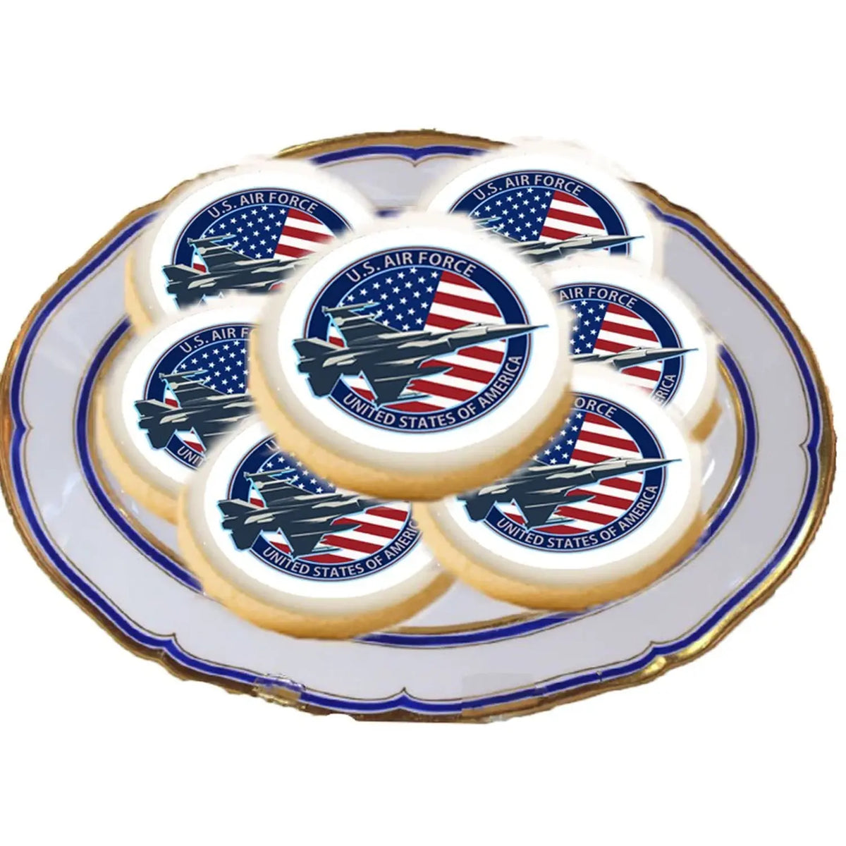 Air Force Jet Flag Edible Cookie & Cupcake Toppers – 20 Precut on decorated cookies.