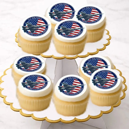 Air Force Jet Flag Edible Cookie & Cupcake Toppers – 20 Precut on cupcakes.