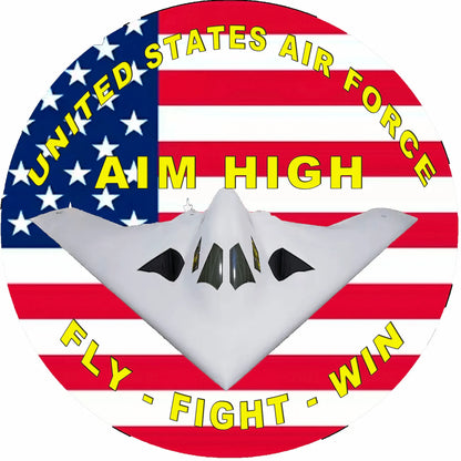 United States Air Force logo with a fighter jet and motivational phrases on an American flag background.