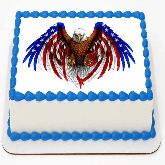 American Eagle Flag Edible Icing Sheet Cake Topper on a sheet cake.