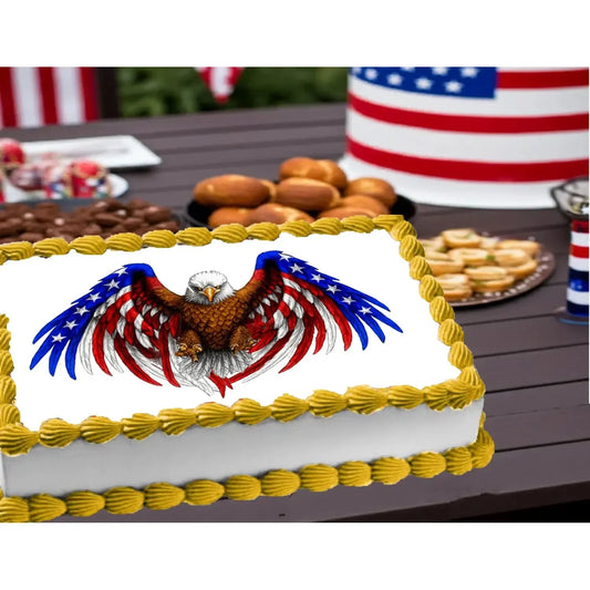 American Eagle Flag Edible Icing Sheet Cake Topper on a patriotic celebration table.