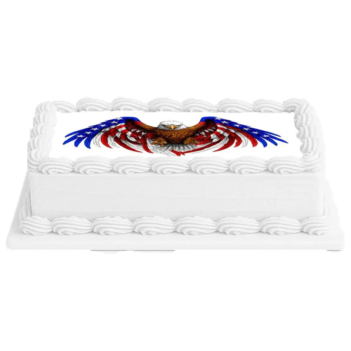 American Eagle Flag Edible Icing Sheet Cake Topper on a white sheet cake.