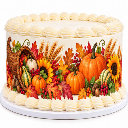 Cake fully wrapped in a seamless autumn harvest edible icing image with pumpkins, cornucopia, sunflowers, and autumn leaves.