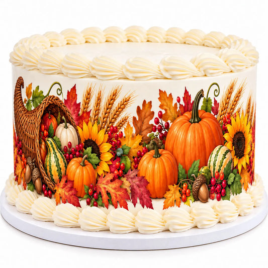 Autumn Harvest Thanksgiving seamless edible icing cake wrap on a decorated cake.