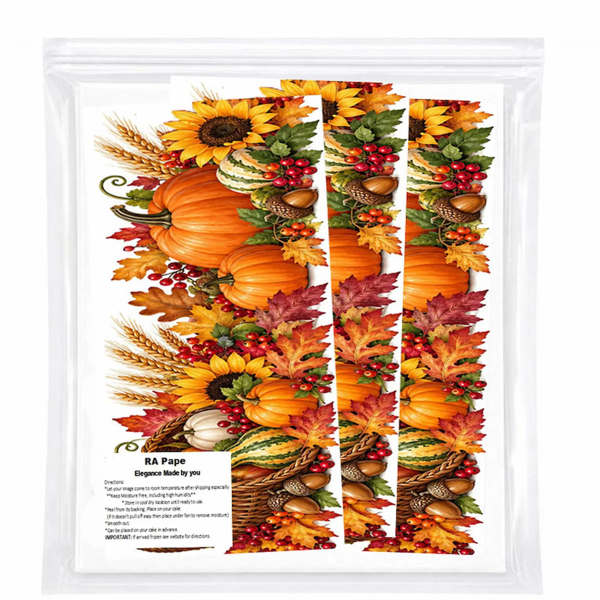 Packaged set of edible icing image cake wraps featuring autumn harvest pumpkins and cornucopia design with instructions.