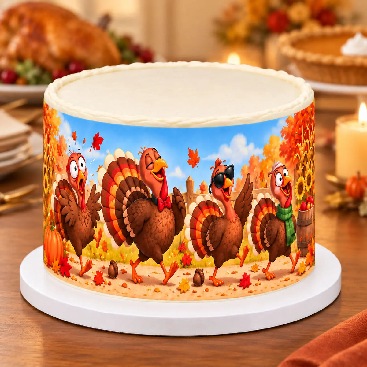Fully wrapped thanksgiving cake displaying seamless turkey pumpkin and autumn foliage edible icing sheet pattern.