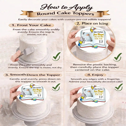 Easy to Apply: steps to peel, place and smooth a precut 8-inch round edible icing topper on a frosted cake