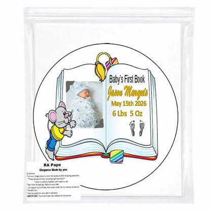 Protective Packaging: precut 8-inch round edible icing topper with Baby's First Book design with a boy photo and birth details stored in a sealed bag