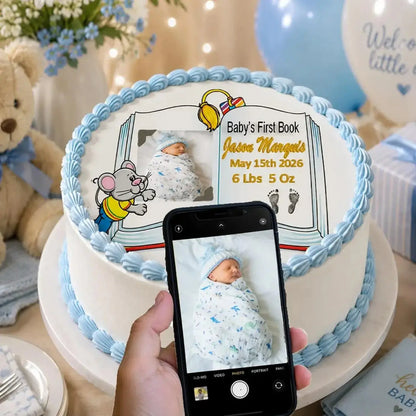 In Use: edible icing cake topper featuring Baby's First Book design with a boy photo and birth details at a baby shower