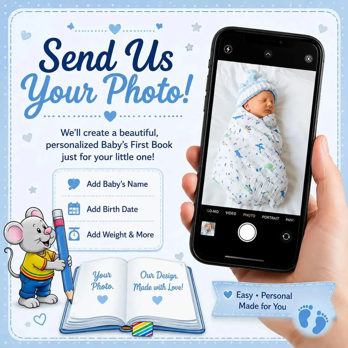Send Your Photo: custom edible icing topper featuring Baby's First Book design with a boy photo and birth details