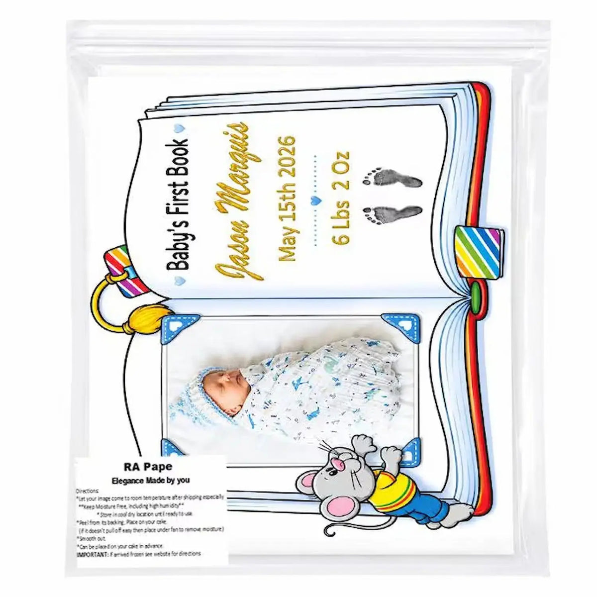 Protective Packaging: 8.5 x 10.5-inch edible icing sheet with Baby's First Book design with a boy photo and birth details stored in a sealed bag