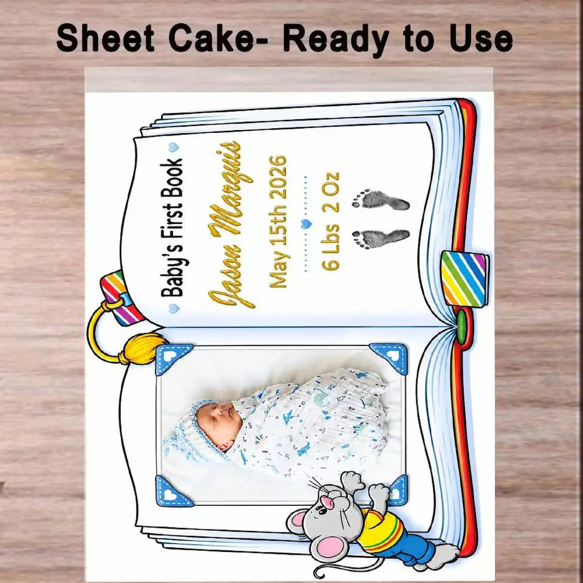Ready to Use: 8.5 x 10.5-inch edible icing sheet printed with Baby's First Book design with a boy photo and birth details before cake decorating