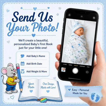 Send Your Photo: custom edible icing topper featuring Baby's First Book design with a boy photo and birth details