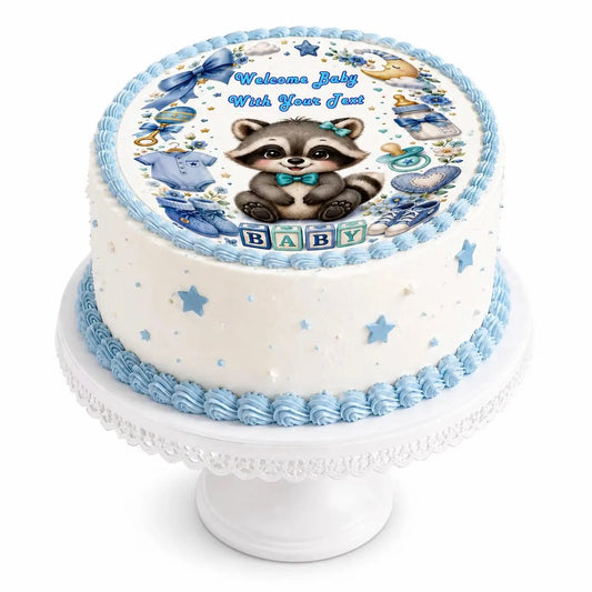 Precut 8-inch round edible icing topper featuring blue baby raccoon design displayed on a frosted cake