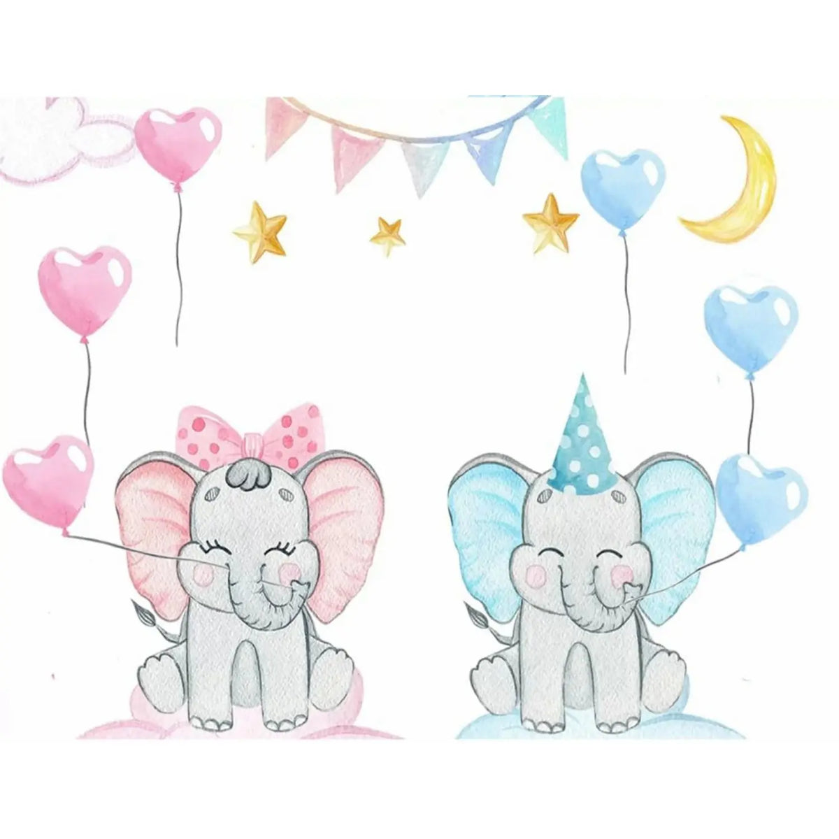 8.5 x 10.5-inch edible icing image featuring pink and blue baby elephants and balloons, shown flat