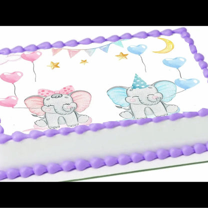 8.5 x 10.5-inch edible icing sheet featuring pink and blue baby elephants and balloons on a cake with purple frosting trim