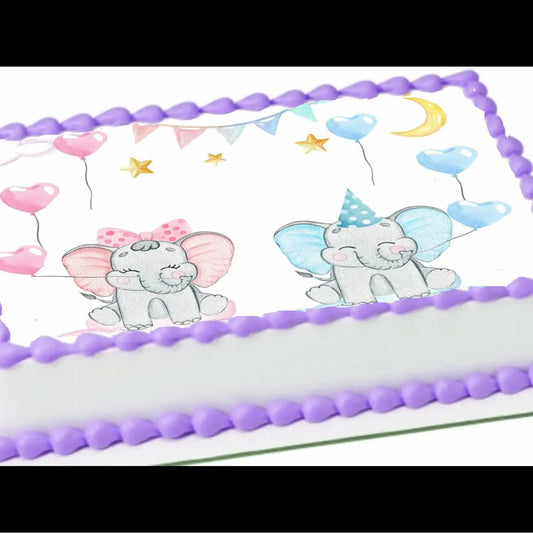 8.5 x 10.5-inch edible icing sheet featuring pink and blue baby elephants and balloons on a cake with purple frosting trim
