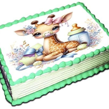 8.5 x 10.5-inch edible icing sheet featuring baby giraffe, bottle and pastel stars on a cake with green frosting trim