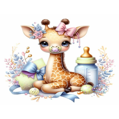 8.5 x 10.5-inch edible icing image featuring baby giraffe, bottle and pastel stars, shown flat