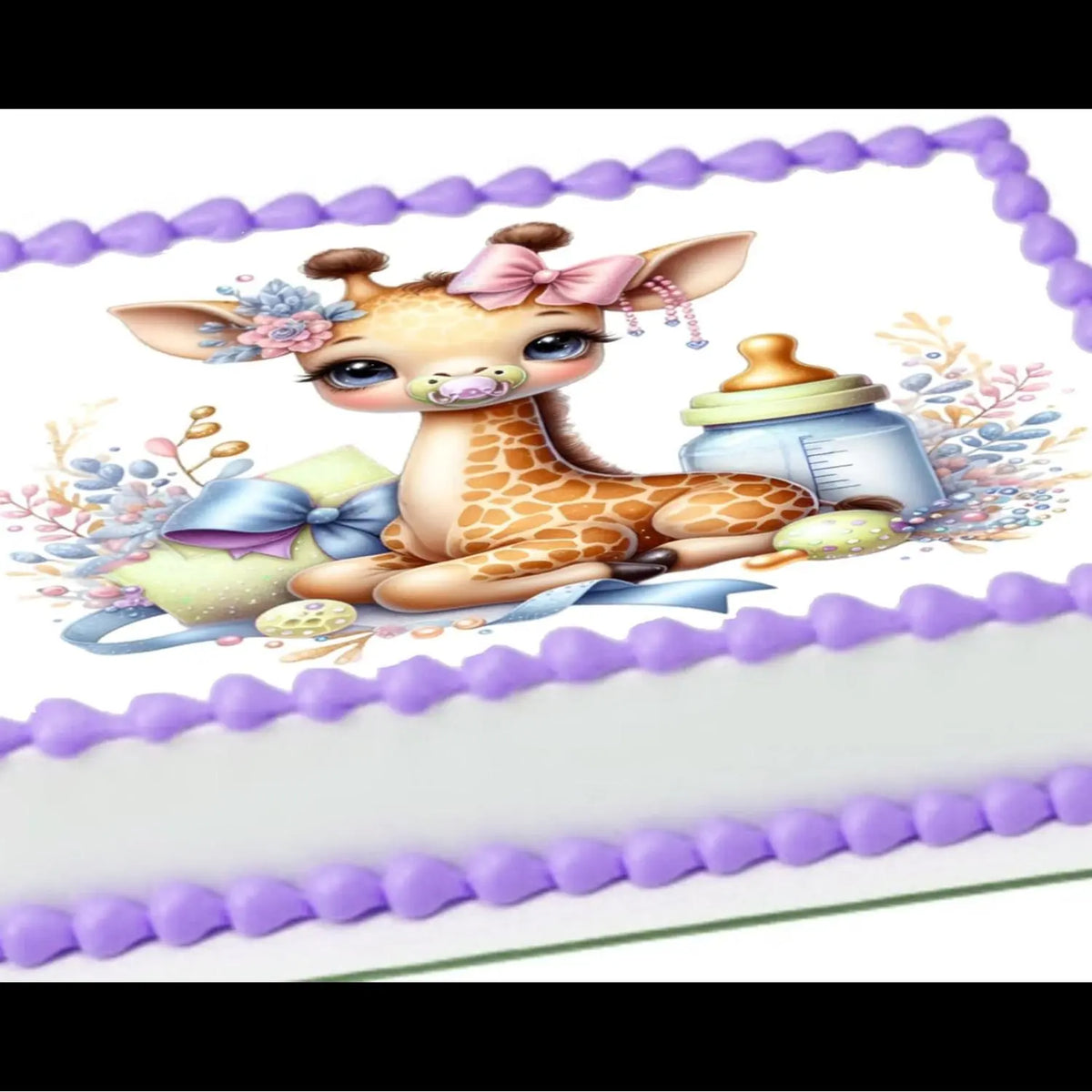 8.5 x 10.5-inch edible icing sheet featuring baby giraffe, bottle and pastel stars on a cake with purple frosting trim
