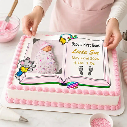 Easy to Apply: placing an 8.5 x 10.5-inch edible icing sheet featuring Baby's First Book design with a girl photo and birth details onto a frosted cake