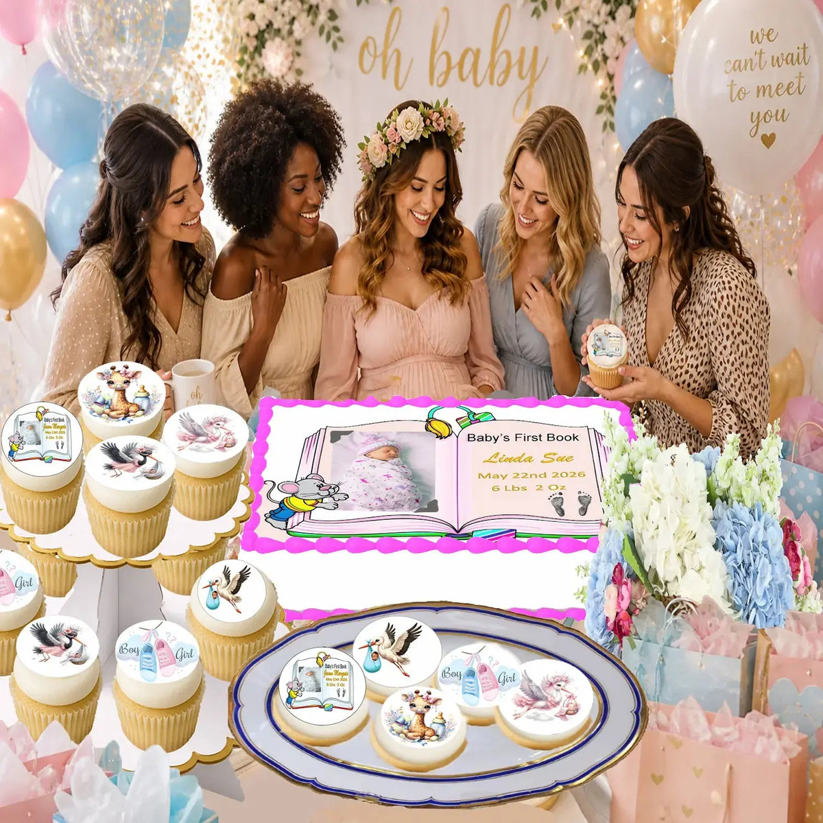 In Use: edible icing cake topper featuring Baby's First Book design with a girl photo and birth details at a baby shower