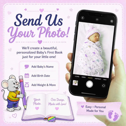 Send Your Photo: custom edible icing topper featuring Baby's First Book design with a girl photo and birth details