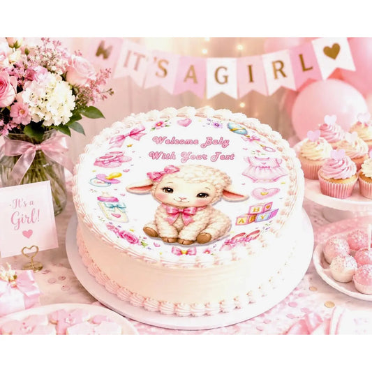 In Use: edible icing cake topper featuring pink baby lamb design at a baby shower