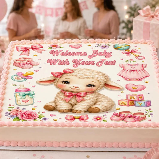In Use: edible icing cake topper featuring pink baby lamb design at a baby shower