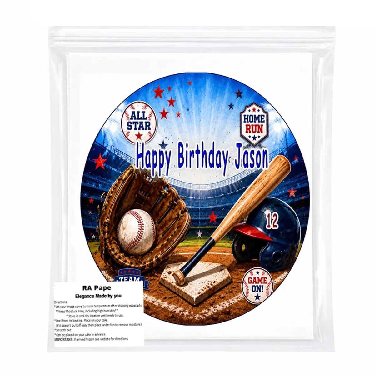 Baseball Celebration Edible Icing Cake Topper, packaged round topper.