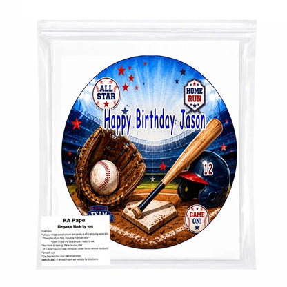 Baseball Celebration Edible Icing Cake Topper, packaged round topper.