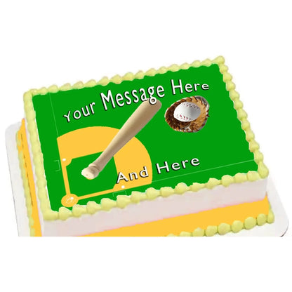 Baseball Diamond Edible Icing Sheet Cake Topper, on a yellow frosted sheet cake.
