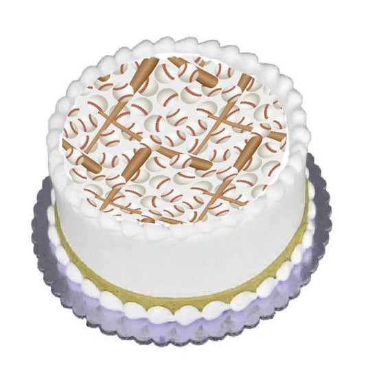 Baseball Game Edible Icing Cake Topper, on a round cake with purple frosting.