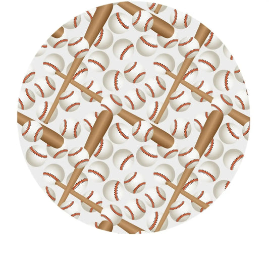 Baseball Game Edible Icing Cake Topper, round design with baseballs and bats.