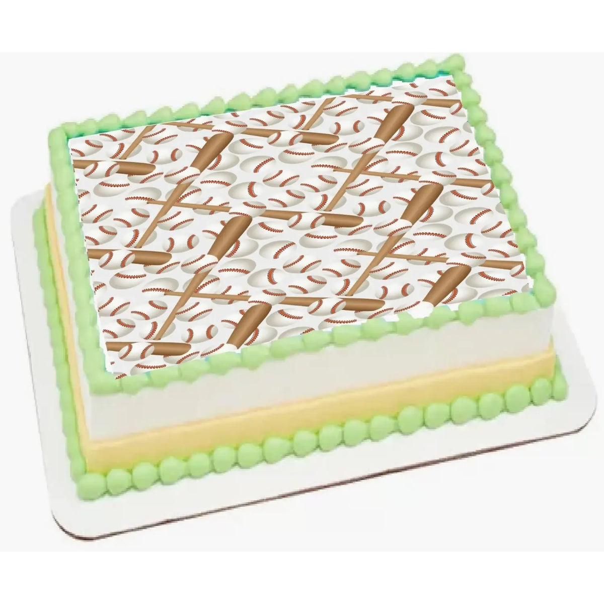 Baseball Game Edible Icing Sheet Cake Topper, on a green frosted sheet cake.