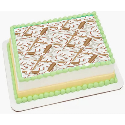 Baseball Game Edible Icing Sheet Cake Topper, on a green frosted sheet cake.
