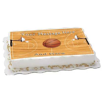 Basketball Court Edible Icing Sheet Cake Topper, on a white frosted sheet cake.
