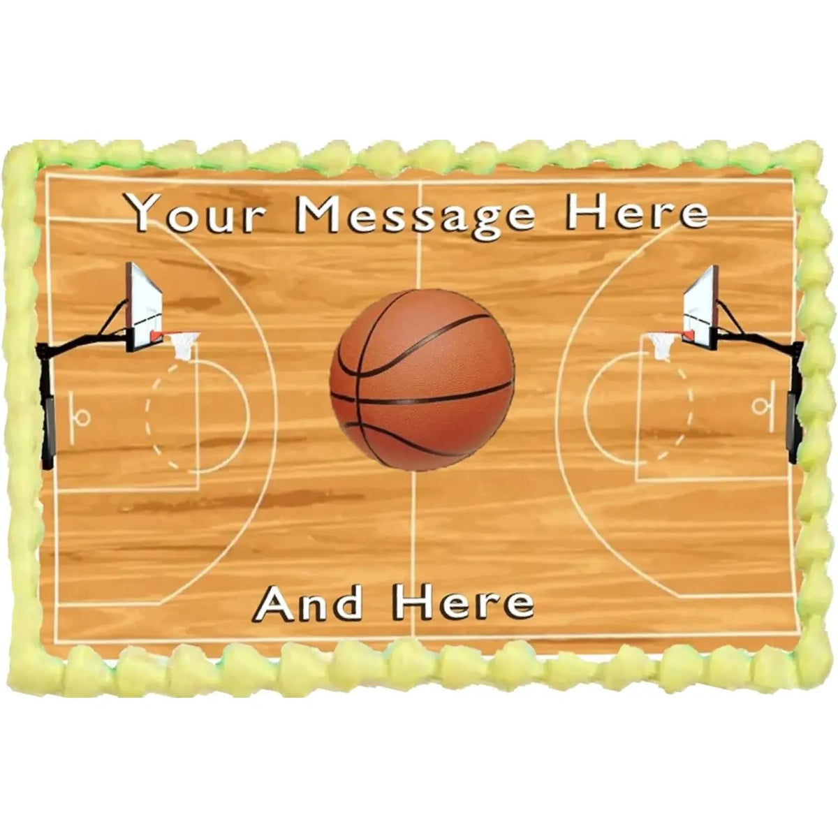 Basketball Court Edible Icing Sheet Cake Topper, on a yellow frosted sheet cake.